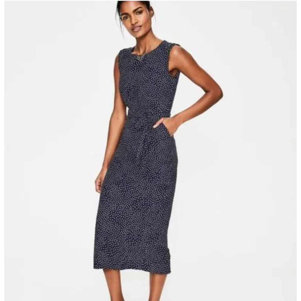 Boden Camille Blue Dot Tie Waist Sleeveless Midi Dress Size 8 10 Medium